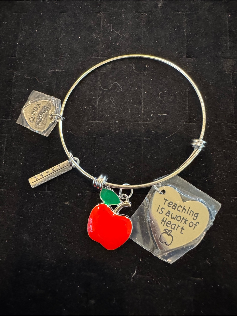 Teacher Charm Expandable Bangle Bracelet Apple Ruler Teaching Is A Work Of Heart